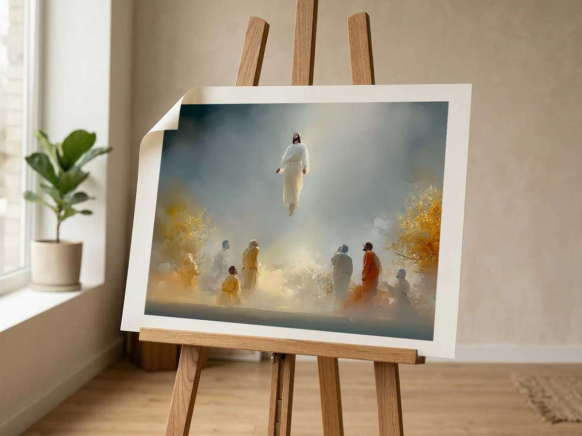 Soft pastel painting of an adoration scene with figures gathered in gentle light, displayed in a living room