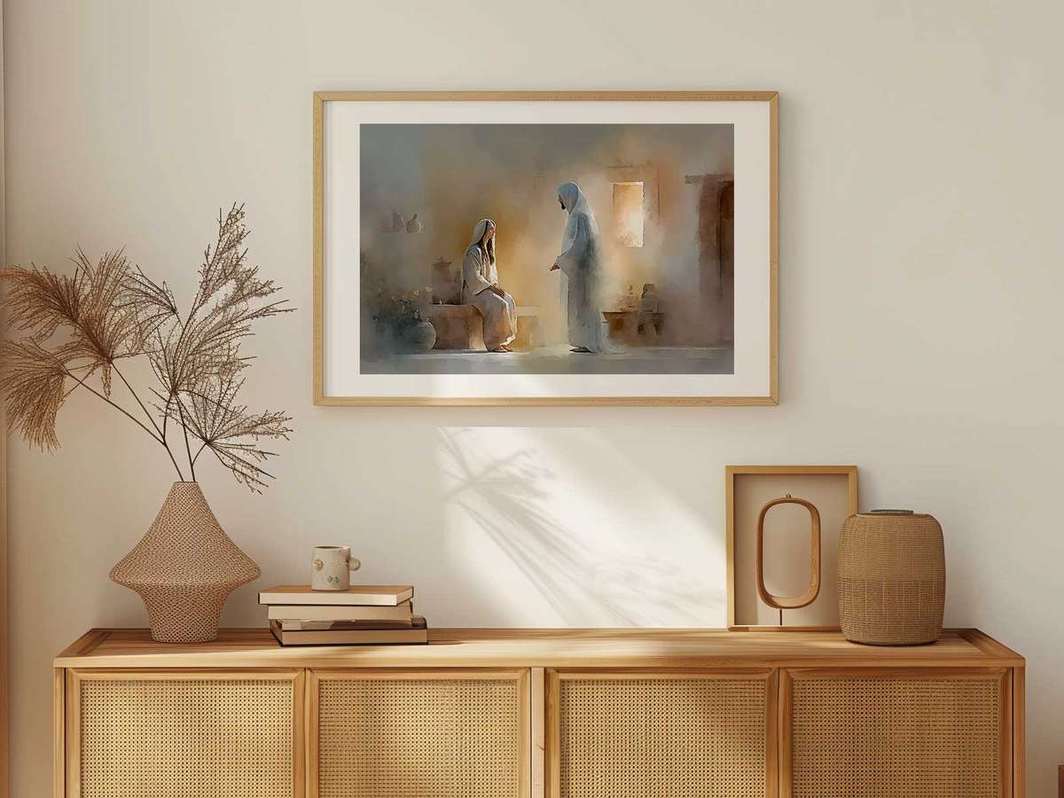 Angel Gabriel descending gracefully toward Mary with a gesture of blessing, rendered in traditional devotional tones