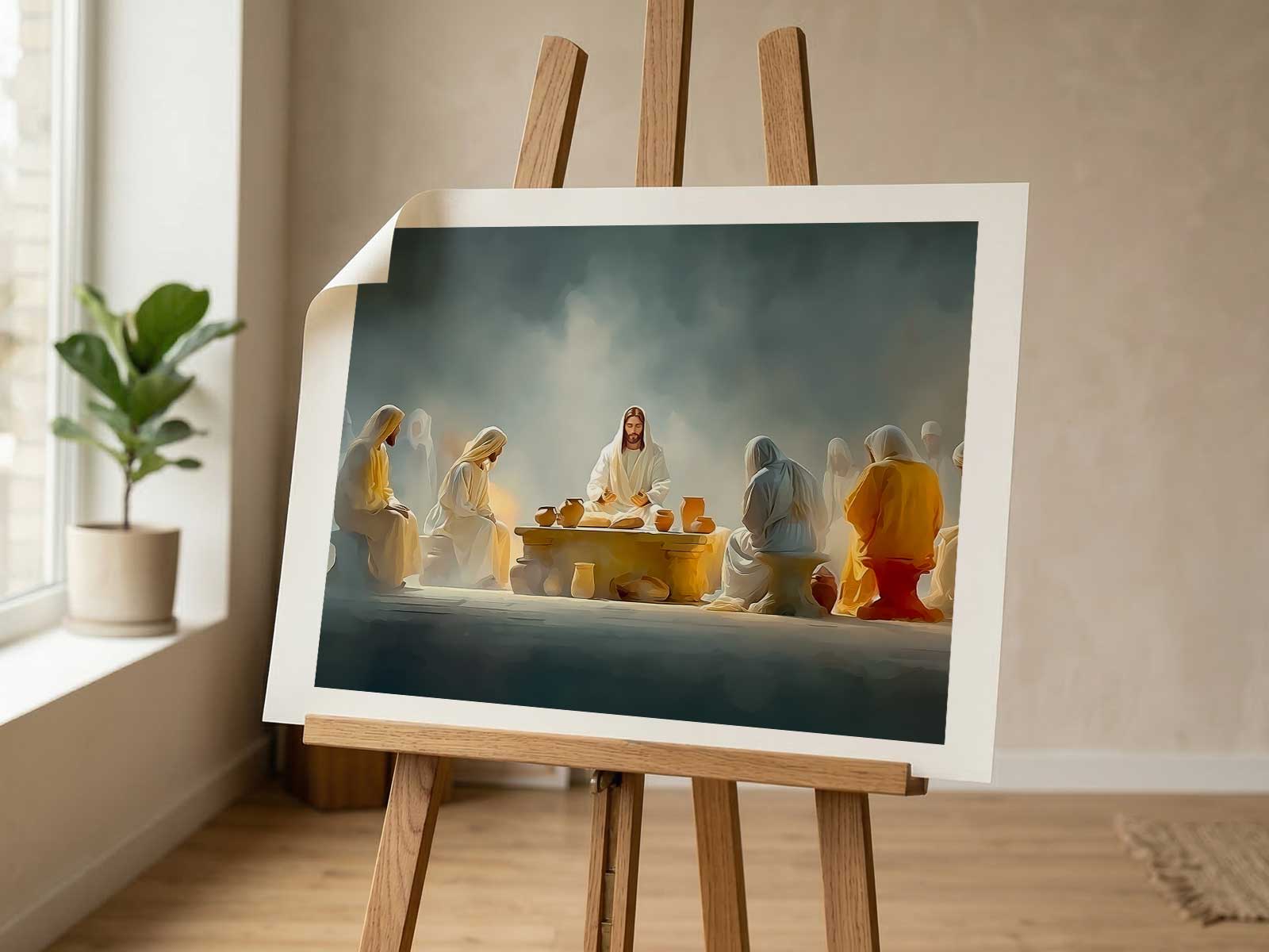 Group of apostles in reflective poses around the supper table, capturing varied emotional responses