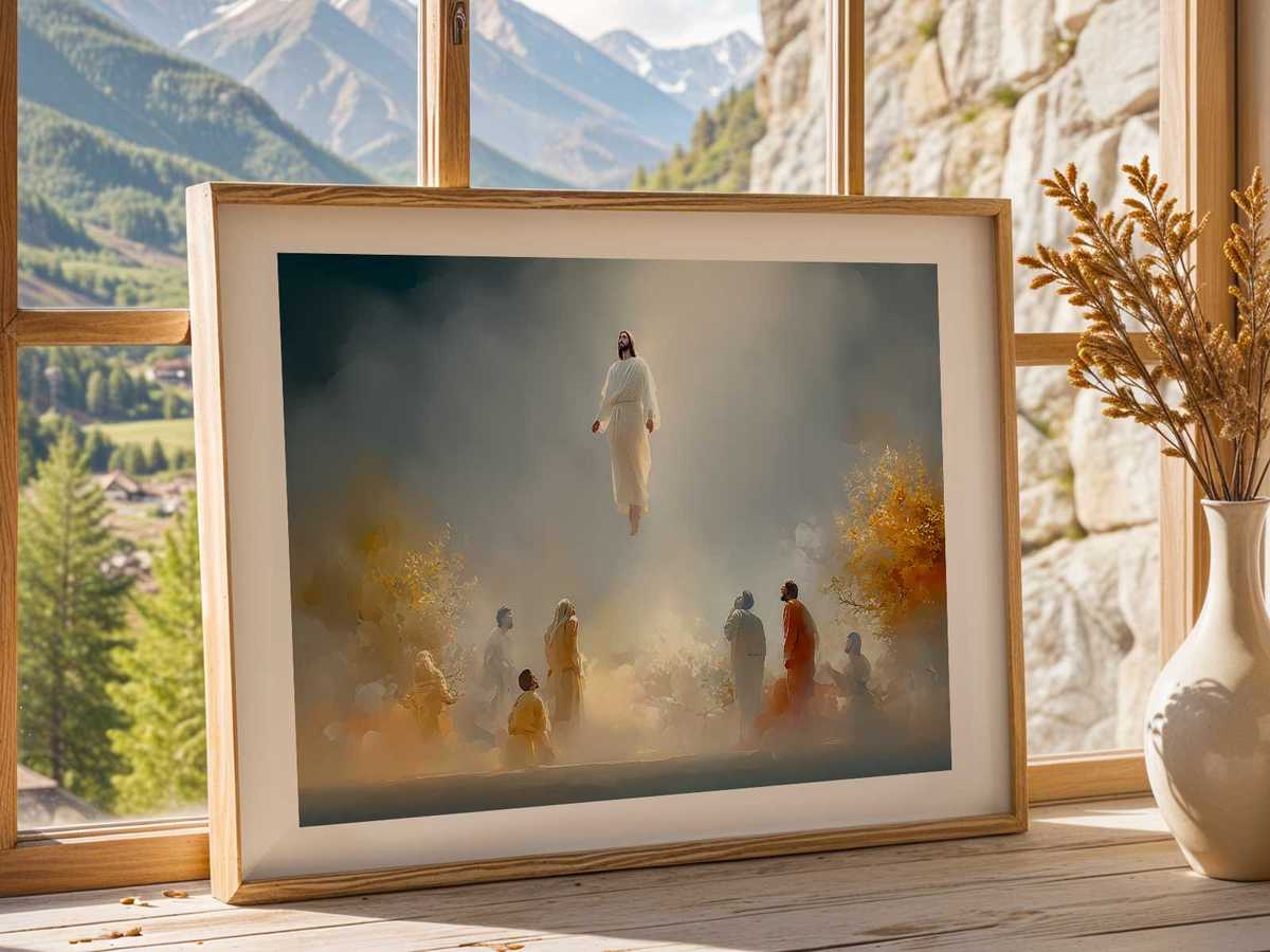 Apostles gathered looking upward toward the ascending Christ, expressions of wonder and commissioned sending