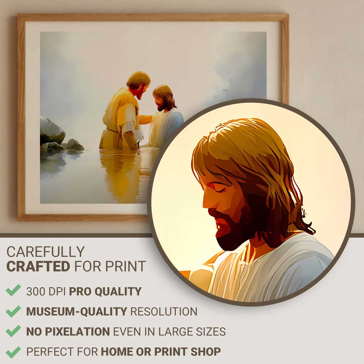 Painting of the Baptism of Christ in a classical composition with John the Baptist pouring water and the Holy Spirit…