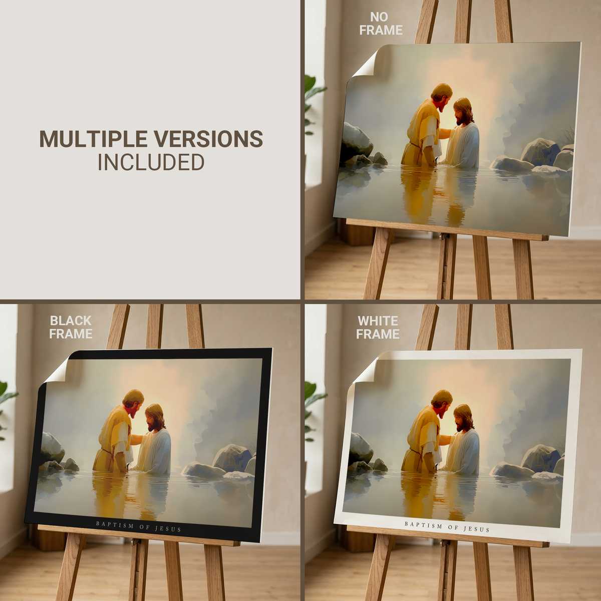 Painting of the Baptism of Christ in a classical composition with John the Baptist pouring water and the Holy Spirit…