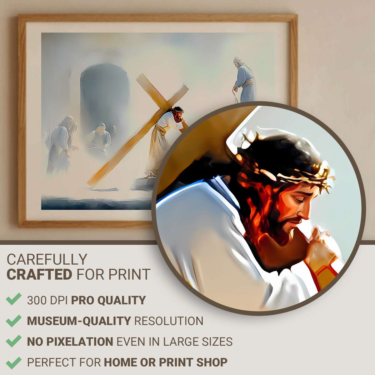 Jesus carrying the cross with a gentle, devotional expression as onlookers recede into the background