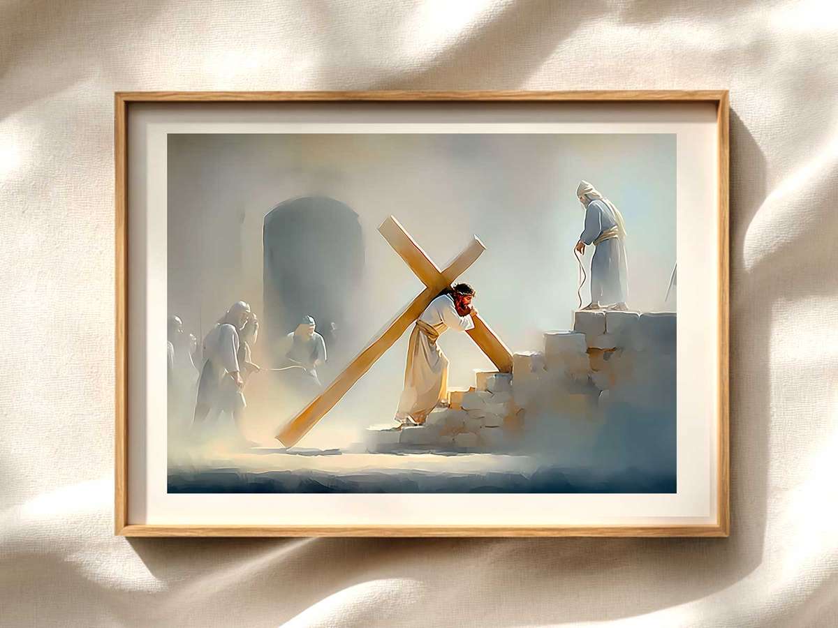Jesus carrying the cross with a gentle, devotional expression as onlookers recede into the background