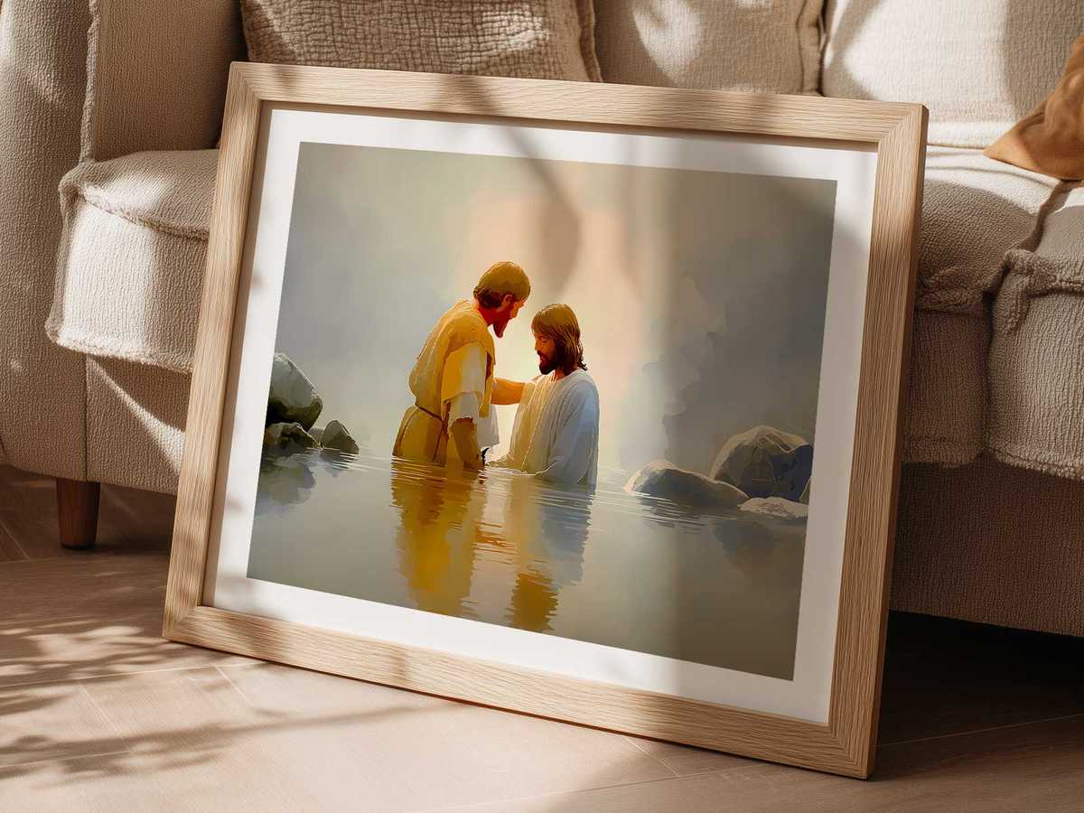 Iconic interpretation of the Baptism of Christ with simplified forms and sacred emphasis