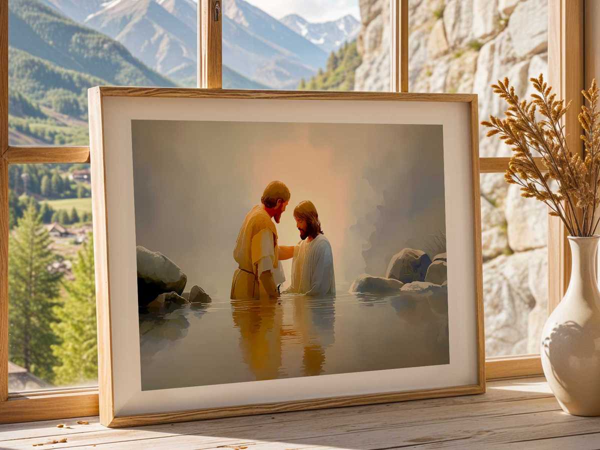 Baptism of Christ rendered in a soft, muted color palette for a tranquil devotional atmosphere