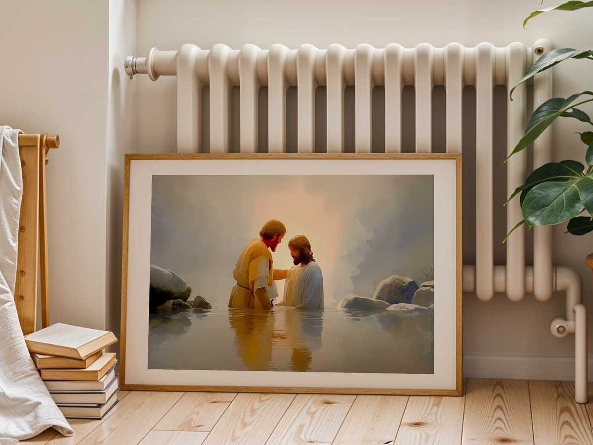 Baptism of Christ painting focusing on symbolic elements like water, staff, and garments