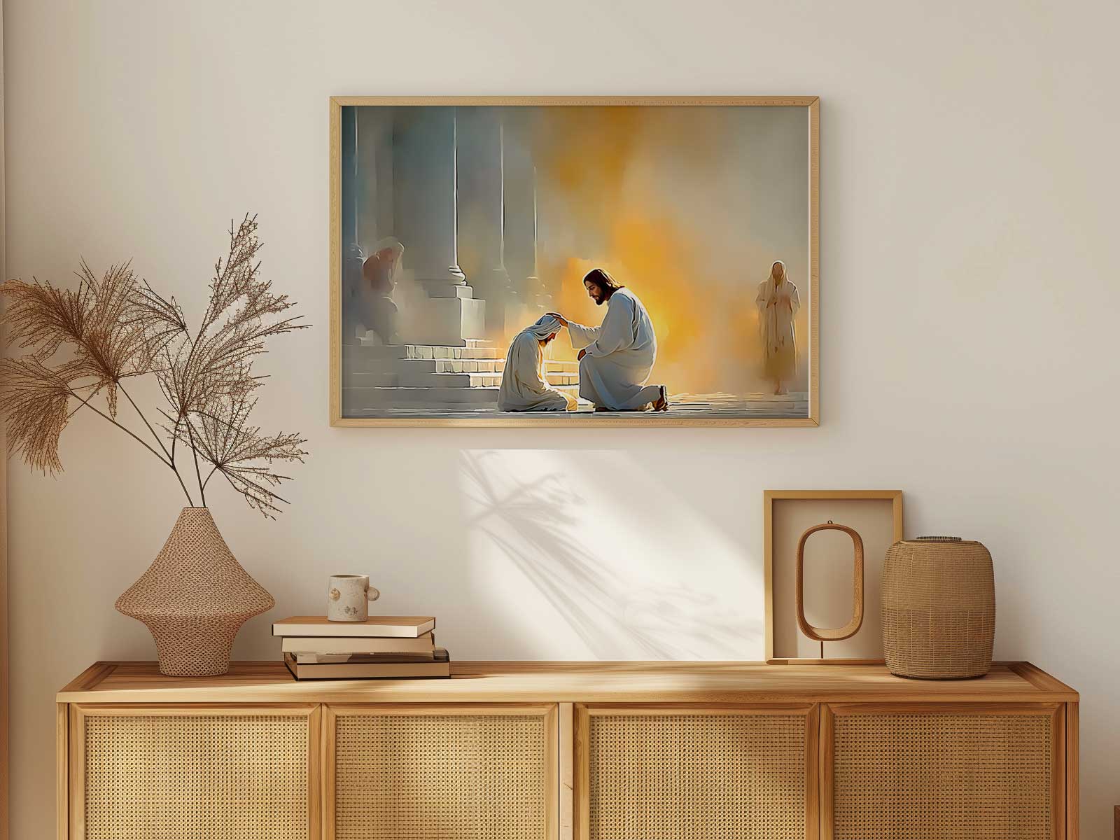 Calm bedroom scene illuminated by a wall print depicting the miracle of sight being restored
