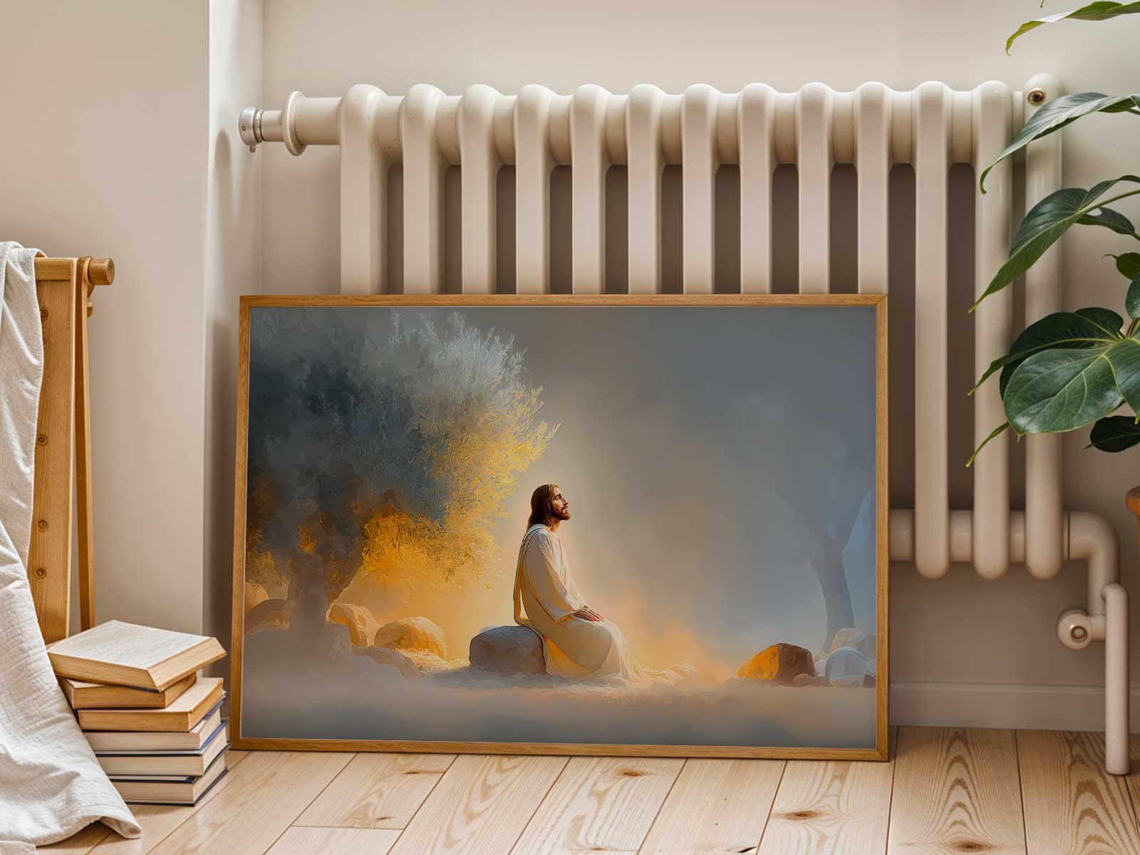 Compact panel showing a quiet garden scene and a short, comforting Gospel phrase for bedside reflection