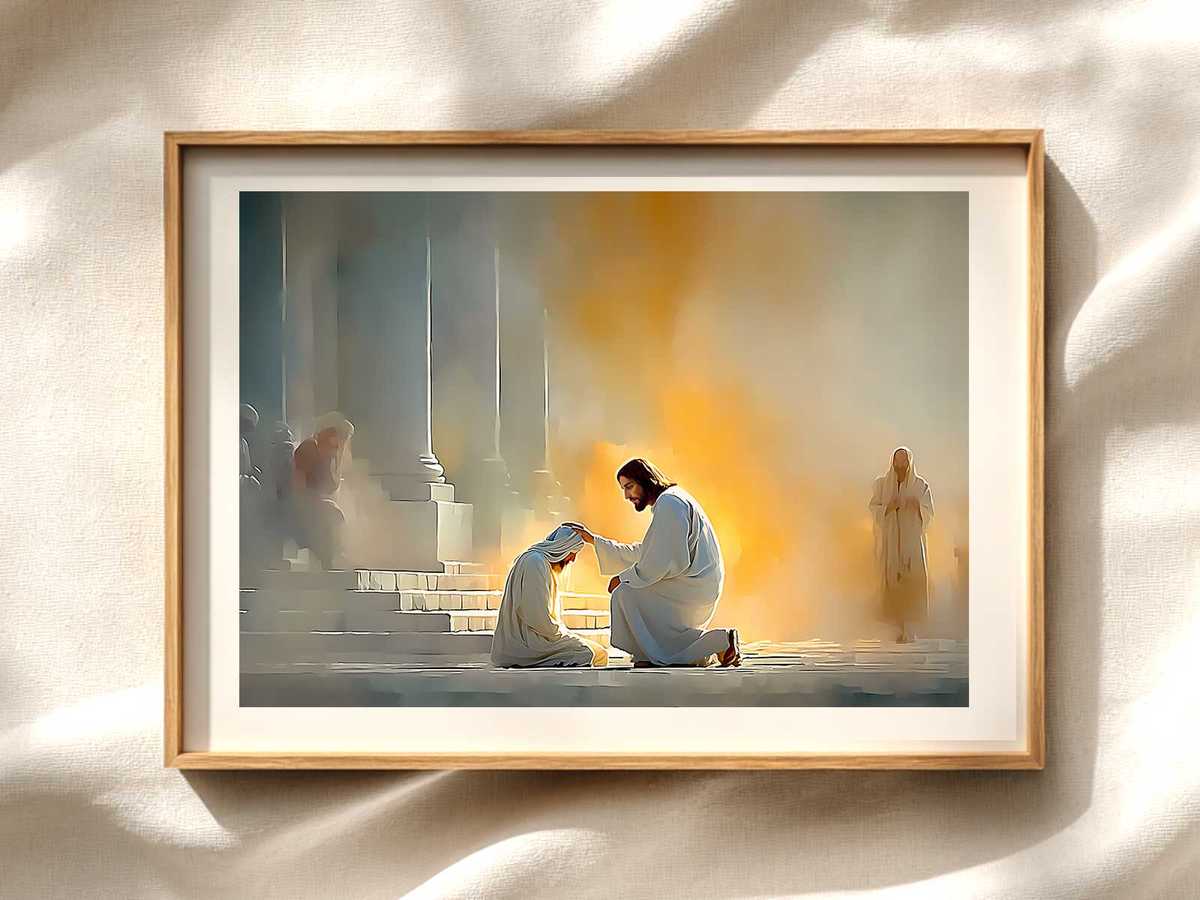 Jesus Touch Healing: Light Begins Christian wall art displayed as a peaceful framed print