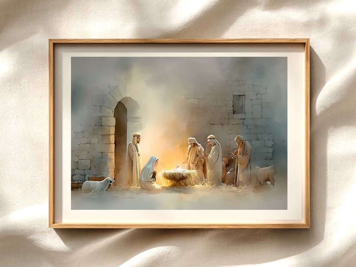 Magi Adoration on Classical Canvas Christian wall art displayed as a peaceful framed print