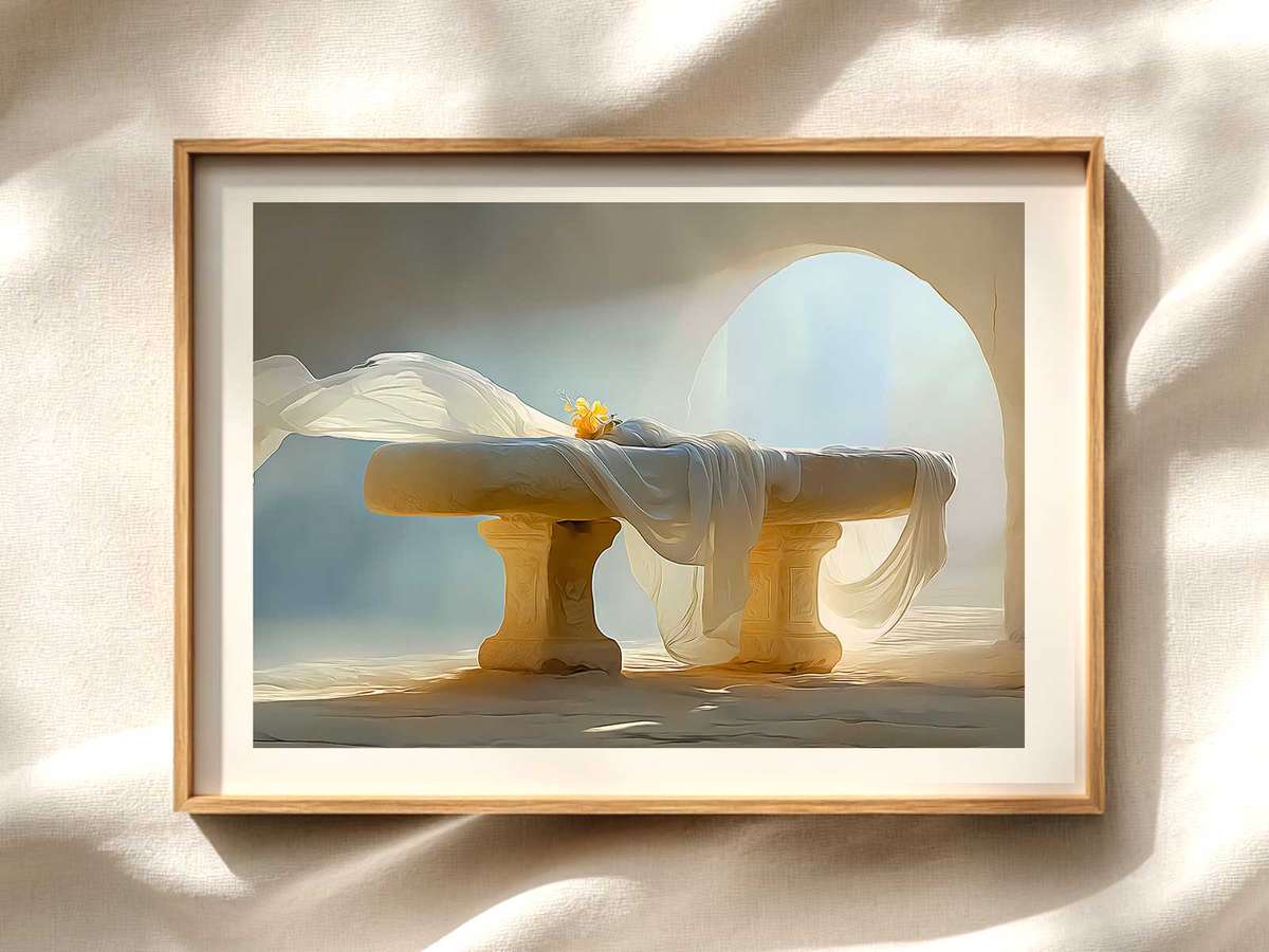 Resurrection Altar Panel: Victory Over Death Christian wall art displayed as a peaceful framed print