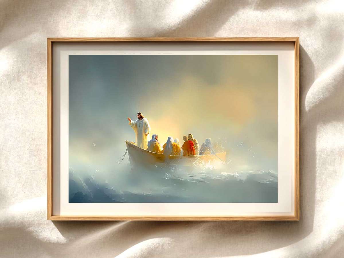 Jesus Calms the Storm — Wide Composition Christian wall art displayed as a peaceful framed print