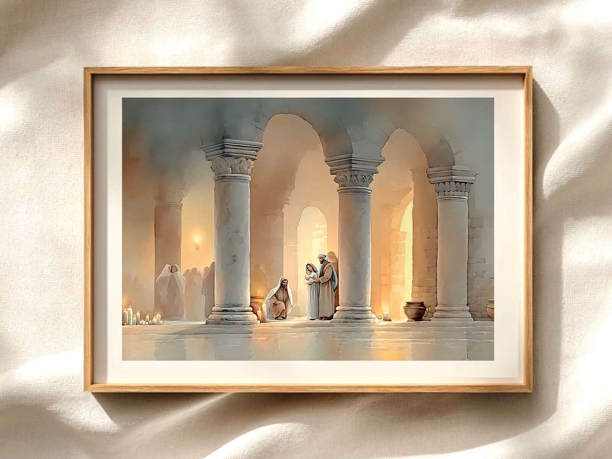 Christ Child in the Temple — Wide Composition Christian wall art displayed as a peaceful framed print