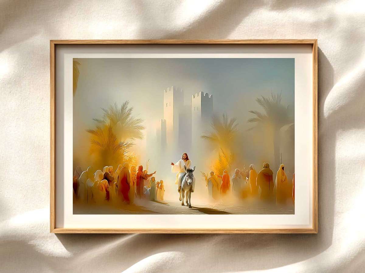 Entry into Jerusalem Palm Procession Christian wall art displayed as a peaceful framed print