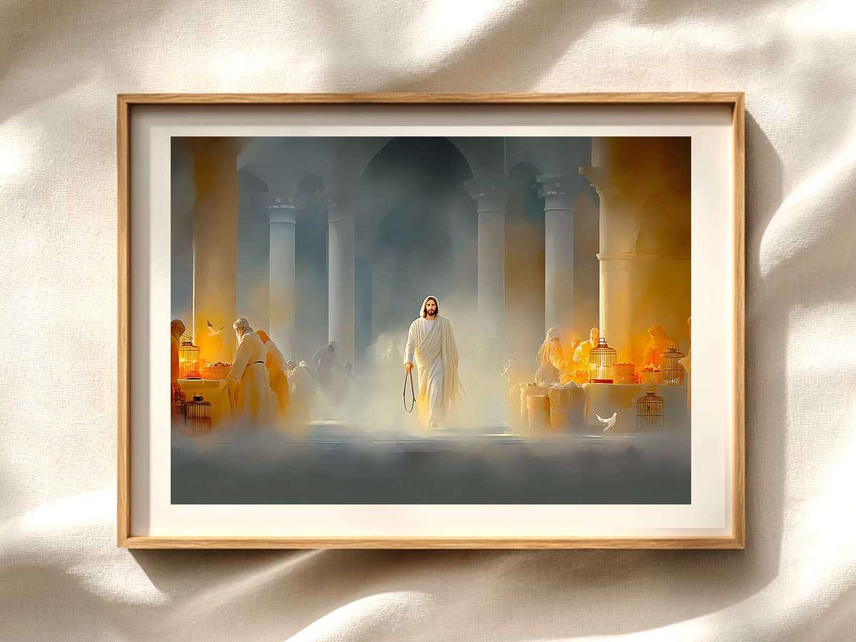 Jesus Clearing the Temple — Quiet Line Drawing Christian wall art displayed as a peaceful framed print
