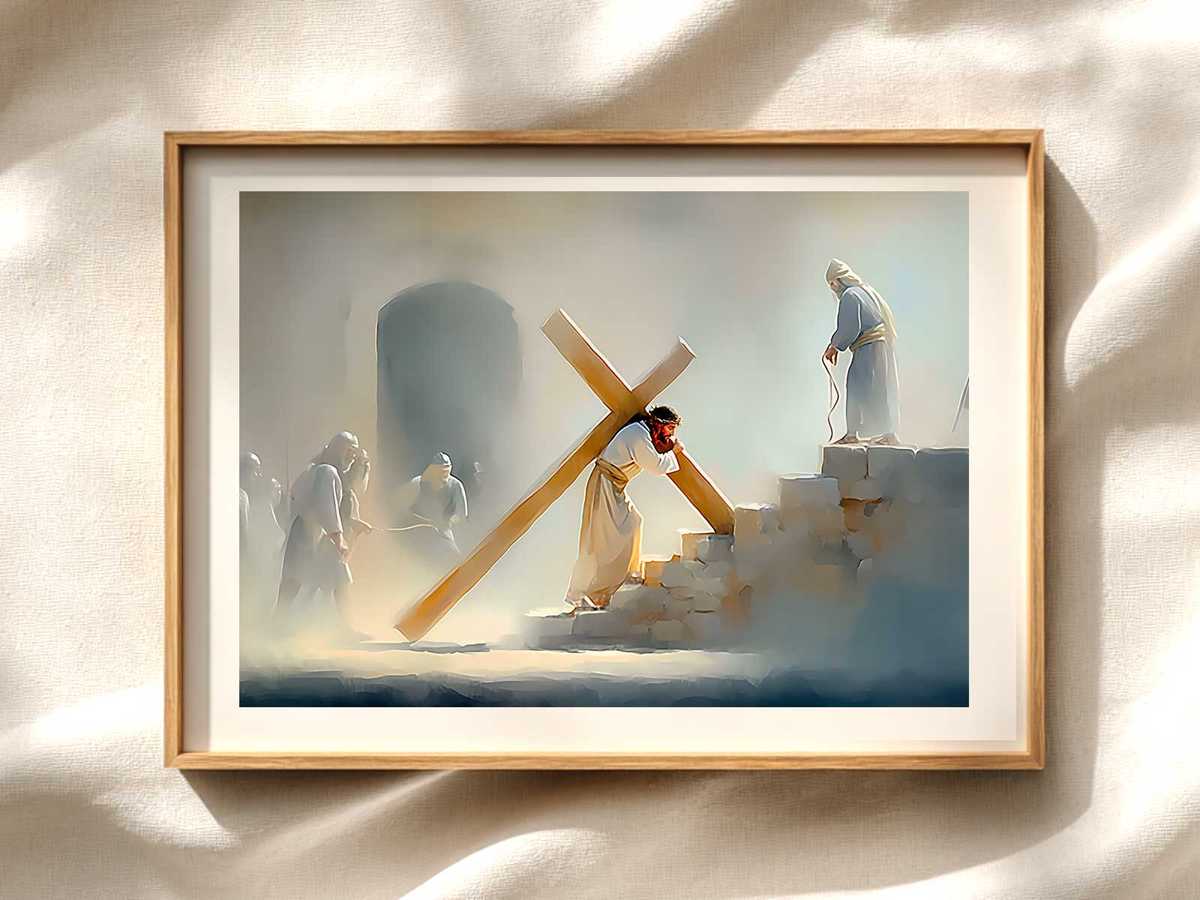Tender Carrying of the Cross — Devotional Wall Art Christian wall art displayed as a peaceful framed print