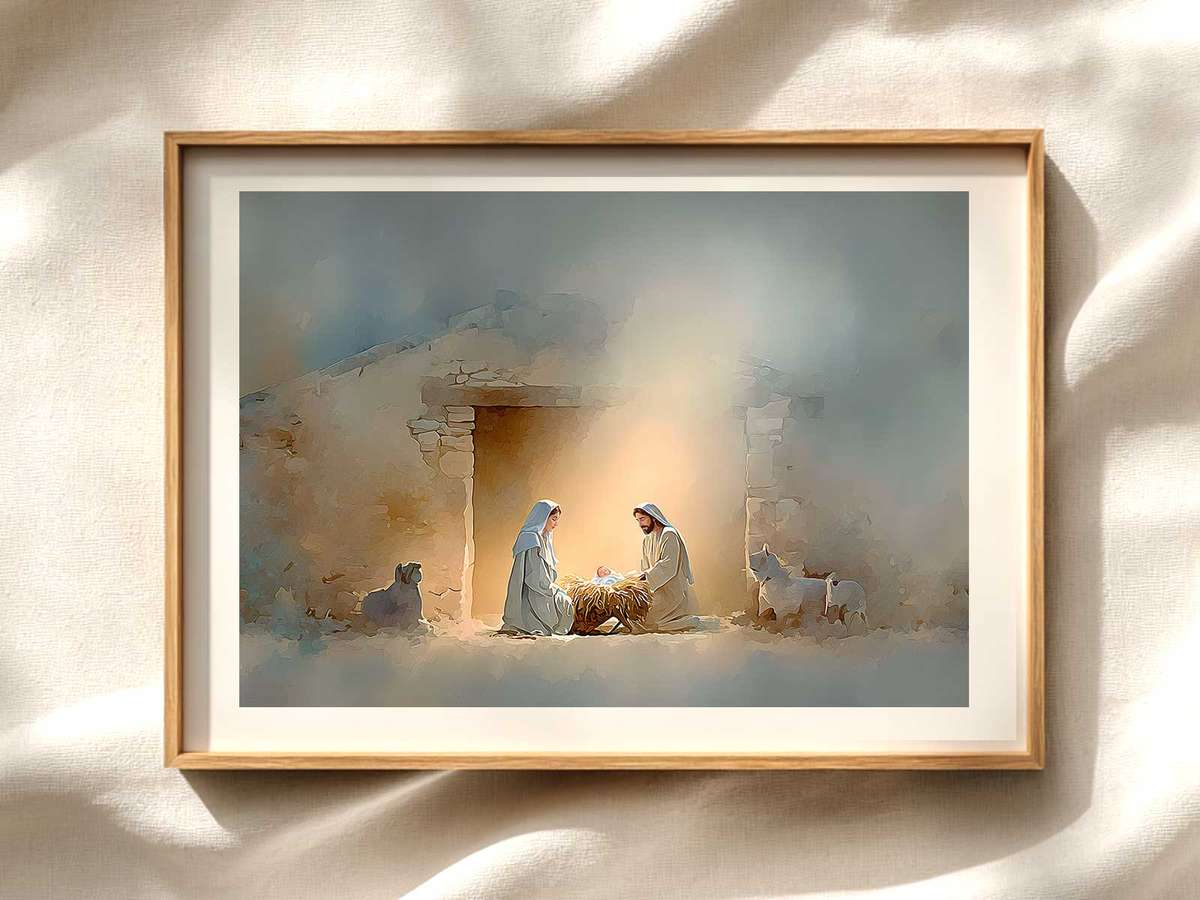 Early Christian Nativity Fresco Christian wall art displayed as a peaceful framed print