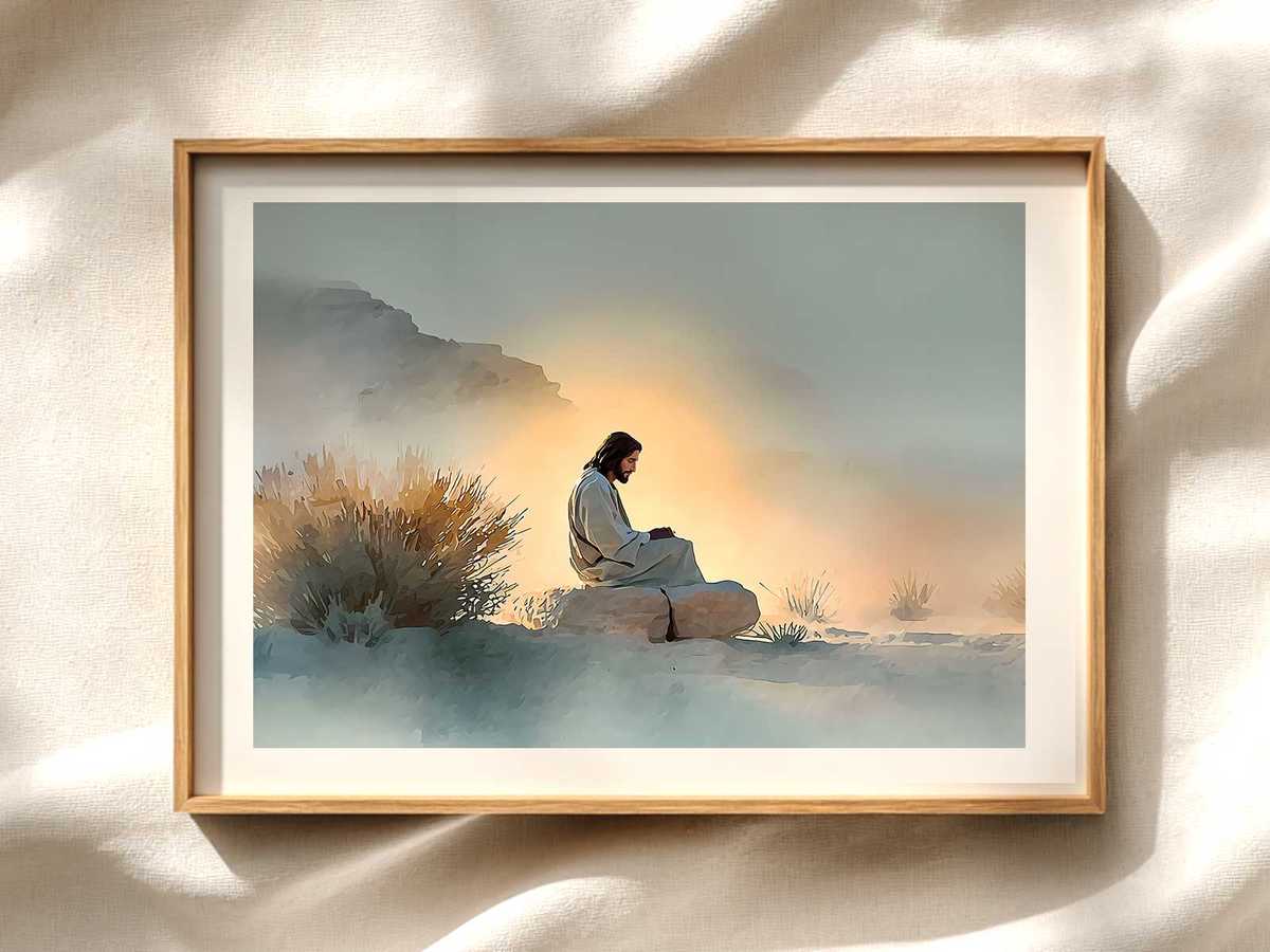 Christ in the Wilderness Silhouette for Prayer Corners Christian wall art displayed as a peaceful framed print