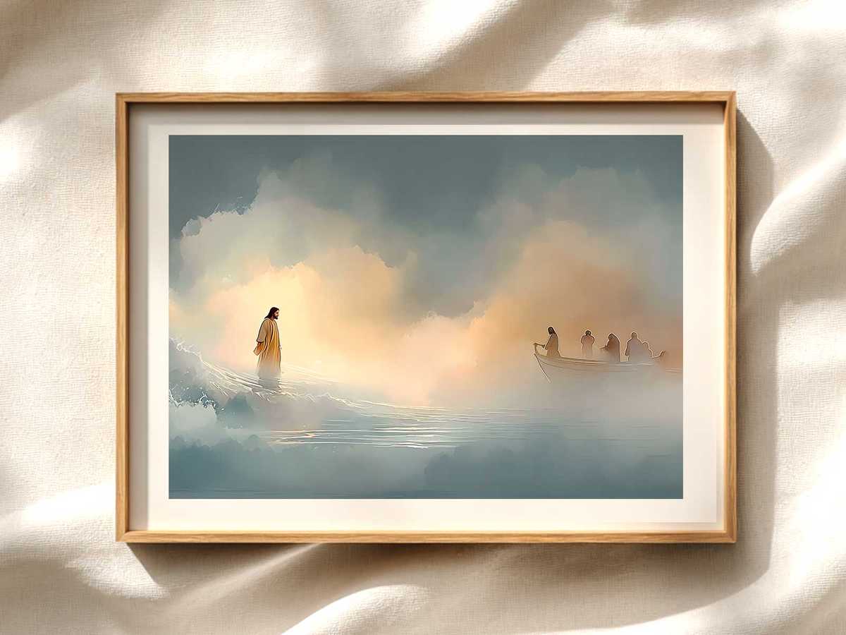 Jesus Walking on Water — Calm Sea Scene for Home Reflection Christian wall art displayed as a peaceful framed print
