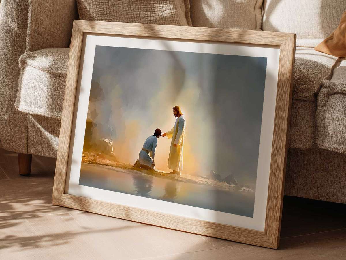 A small boat approaching shore as a visual bridge between chaos and calm, symbolizing transition from possession to peace