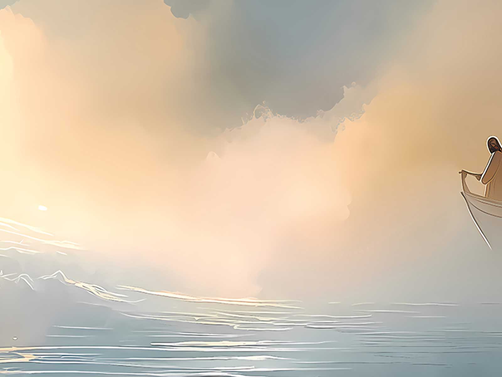 Small wooden boat with disciples silhouetted, dawn light breaking over choppy water as Jesus approaches