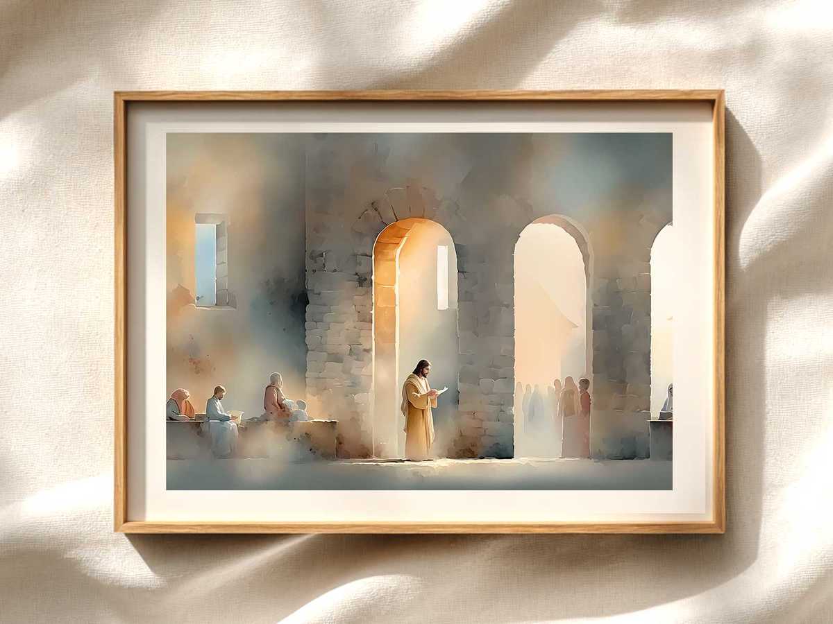 Sober line drawing of the revelation at Nazareth showing Jesus in simple contours for quiet reflection