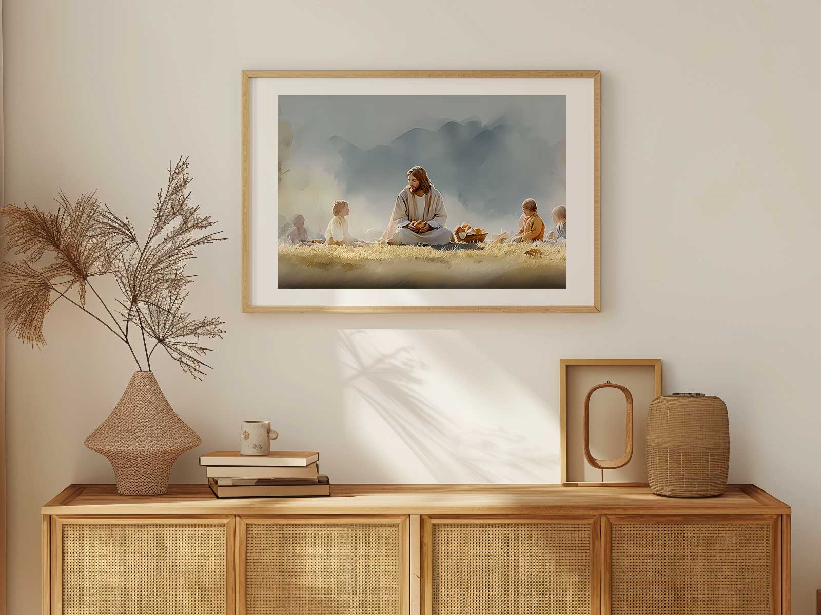 Hand-lettered poster reading 'I am the bread of life' (John 6:35) on a linen background, styled above a kitchen shelf