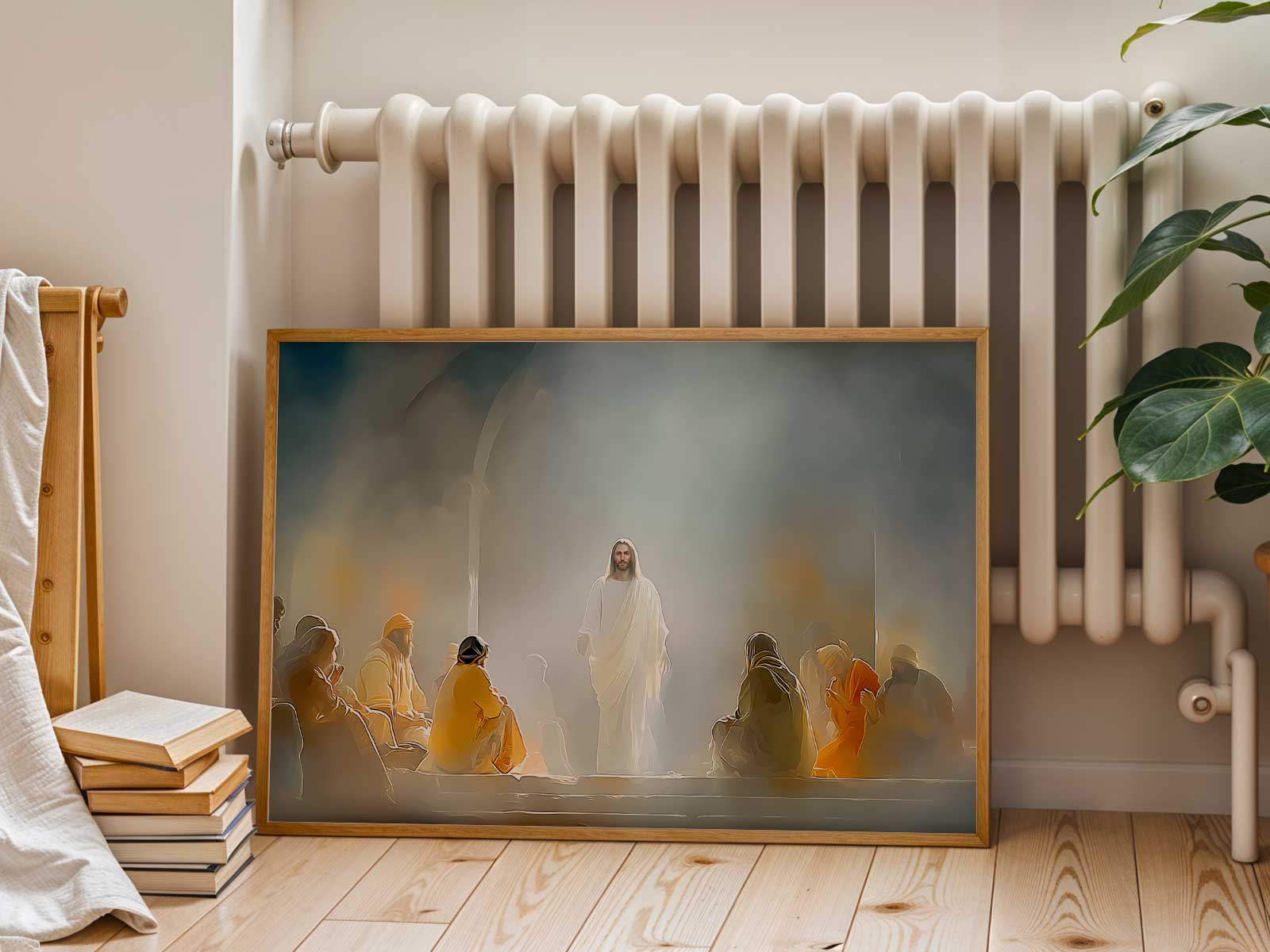 The Resurrected Christ sharing a quiet breakfast with disciples on a shoreline, light reflecting on the water
