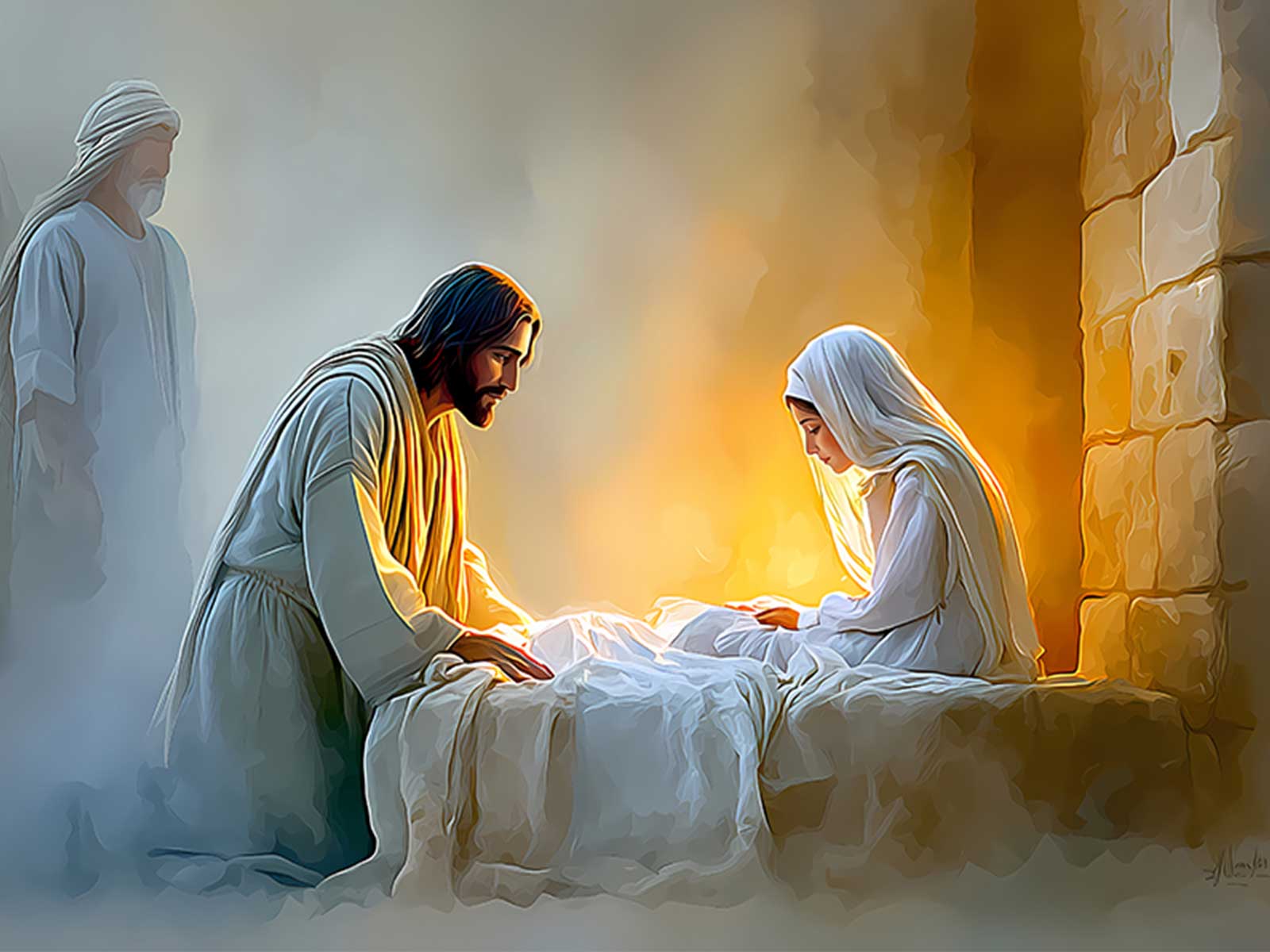 Softly lit wall print of the resurrection scene hung above a bedside, suggesting daily comfort and quiet faith
