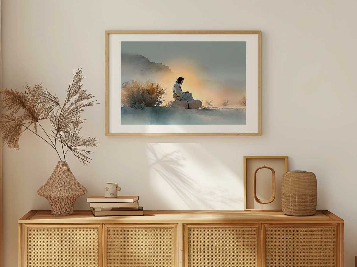 Jesus calming a storm on a lake bordered by arid hills, calming the disciples' fear