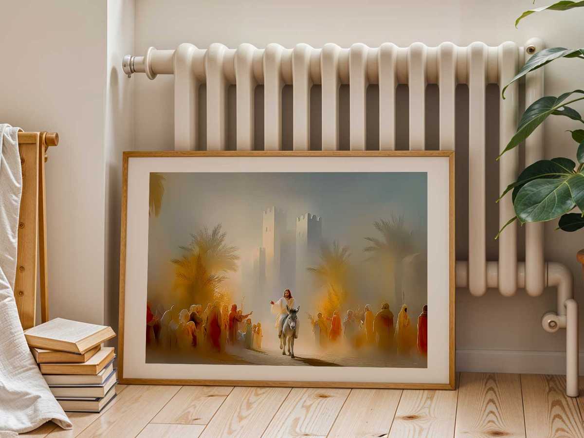 Children and families reaching toward Jesus with palm branches in a warm, home-friendly icon style