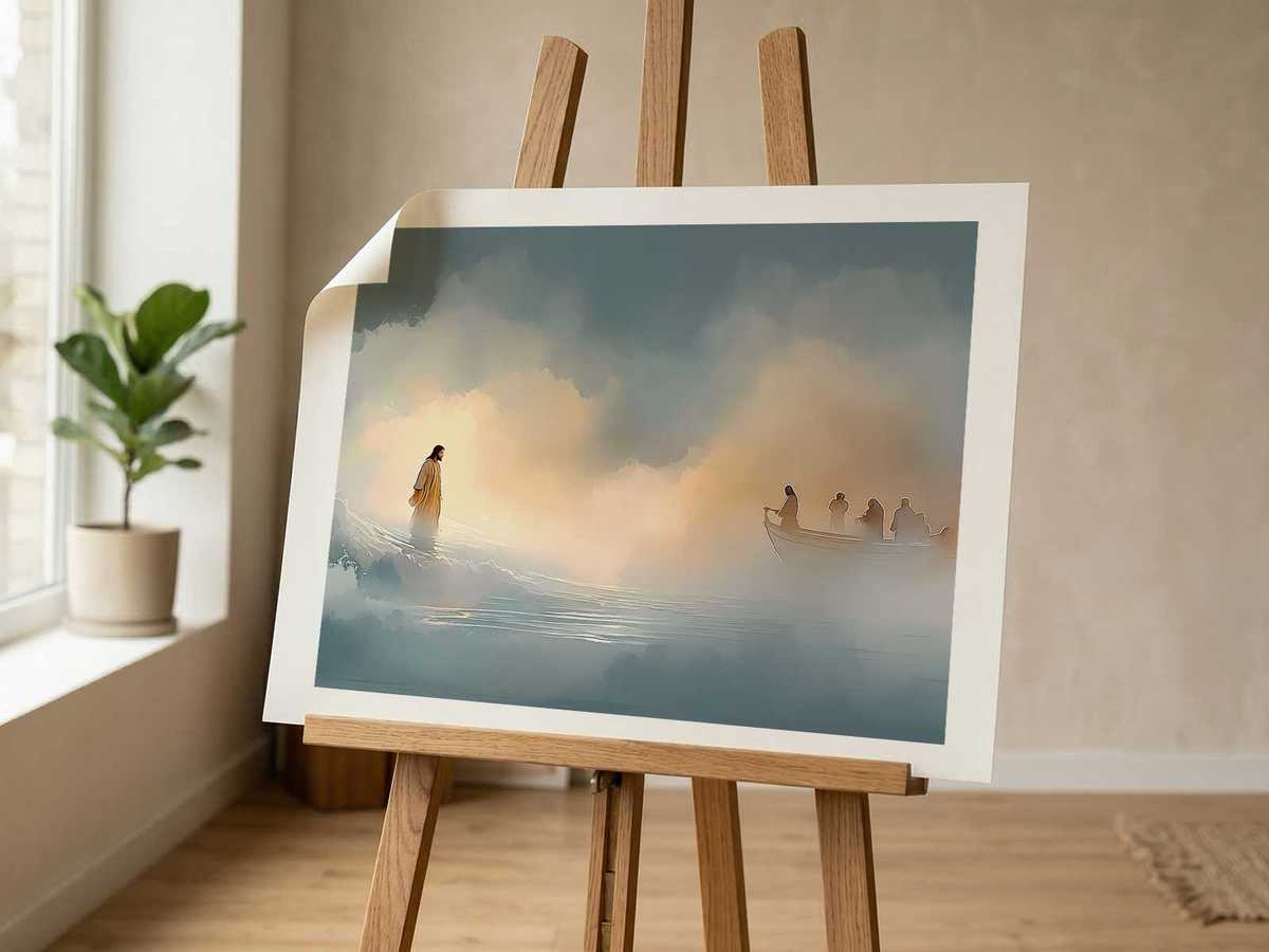 Playful illustrated biblical scene framed on a shelf in a child’s bedroom with soft toys