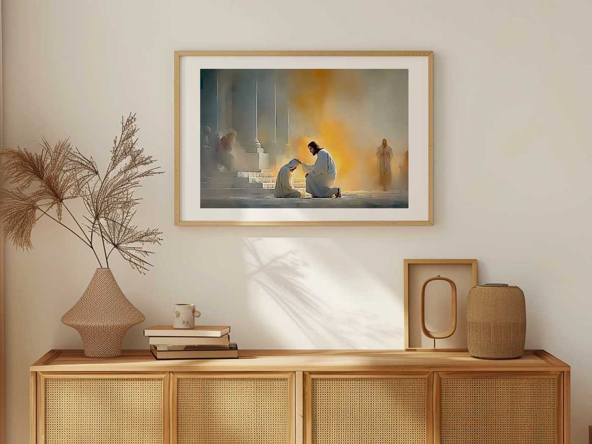 Figure of Christ reaching out in a gentle gesture as beams of light guide a kneeling person toward clarity and trust