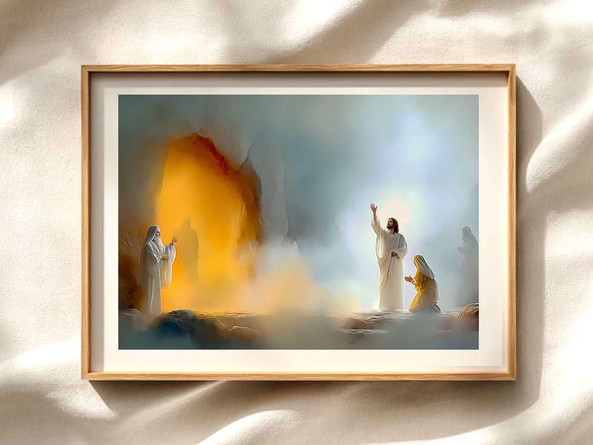 Resurrection of Lazarus — Solemn Group Scene Christian wall art displayed as a peaceful framed print