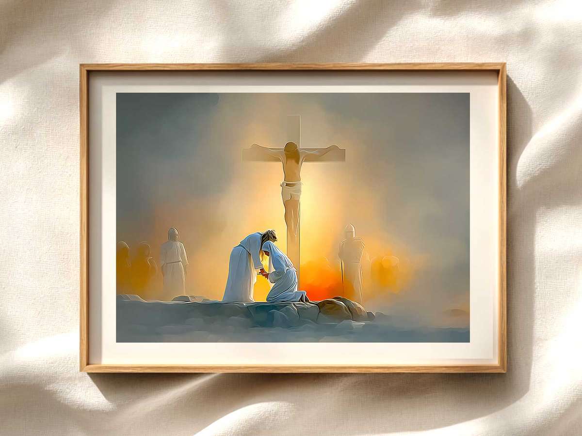 Simple Line Crucifixion — Frontal Contemplation Christian wall art displayed as a peaceful framed print