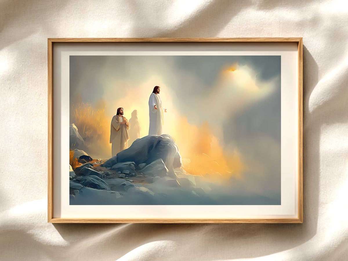 Transfiguration Golden Radiance Christian wall art displayed as a peaceful framed print