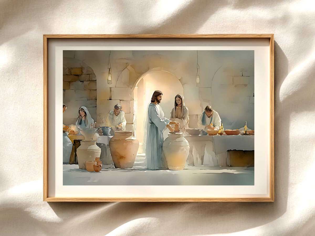 Wedding at Cana ceremony scene — Jesus art for home reflection Christian wall art displayed as a peaceful framed print