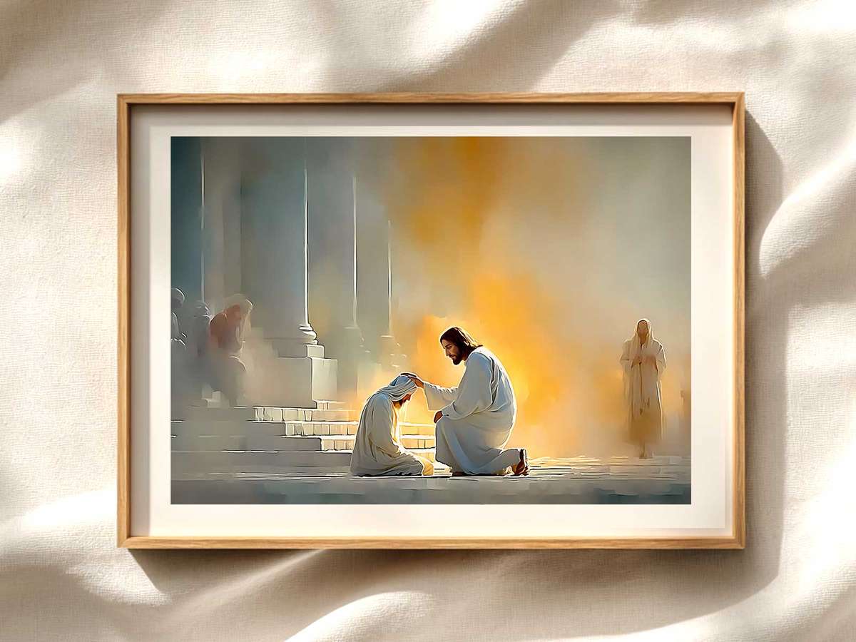 Healing Blindness: Soft Light and Spiritual Awakening Christian wall art displayed as a peaceful framed print