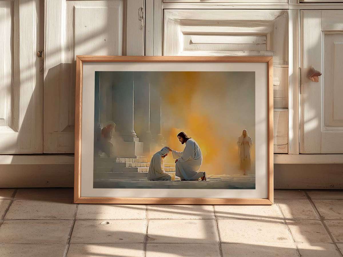 Christian decorative print featuring faith-inspired symbolism and gentle atmosphere inspired by healing for Christian art admirers