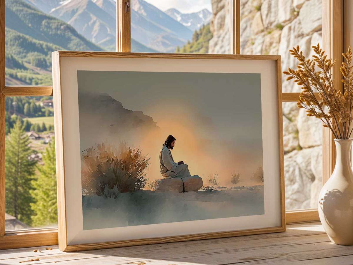 Artistic illustration of Christian presented through faith-inspired symbolism and gentle atmosphere inspired by drawings of jesus christ