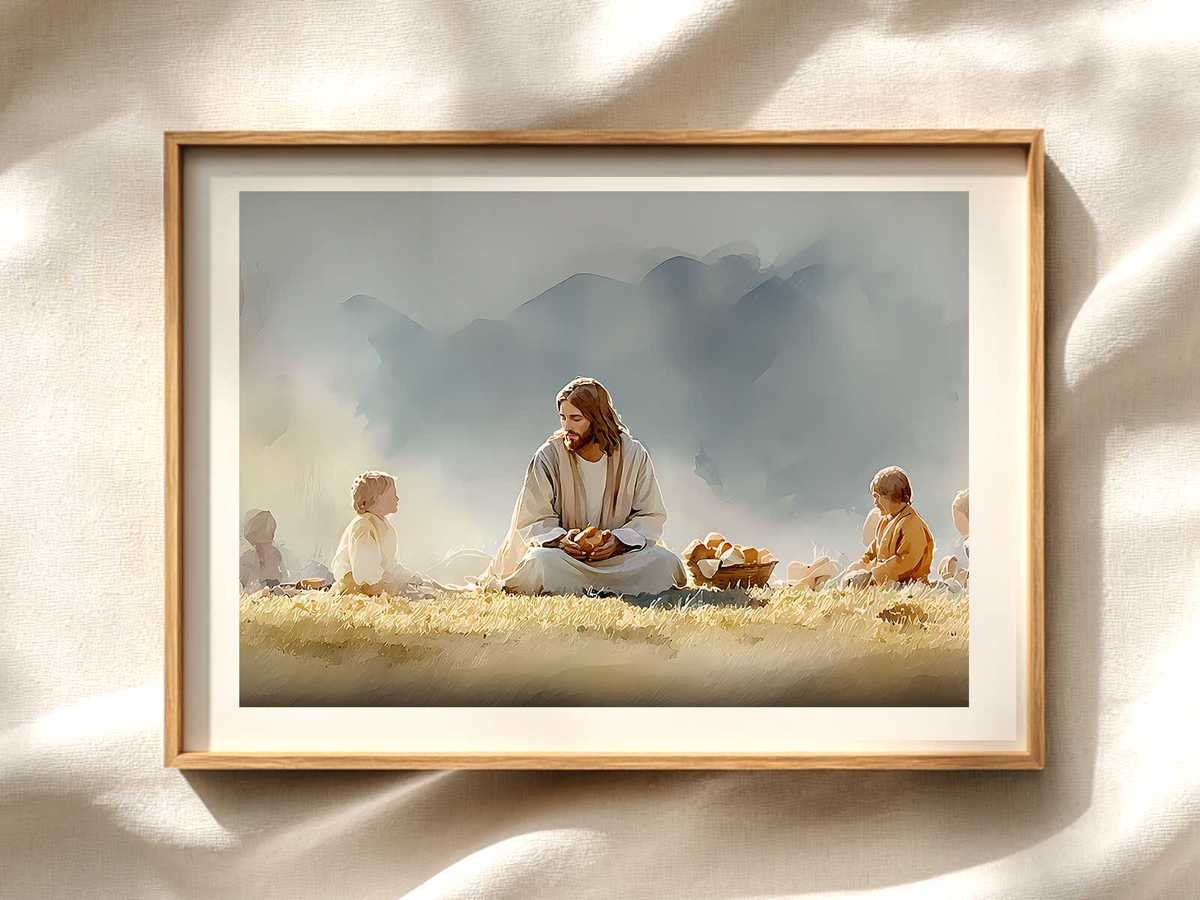 Loaves and Fish Verse-Focused Wall Art Christian wall art displayed as a peaceful framed print