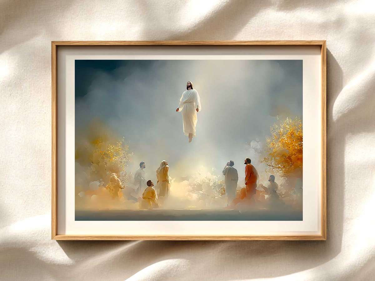 Ascension Central Figure Illuminated Christian wall art displayed as a peaceful framed print