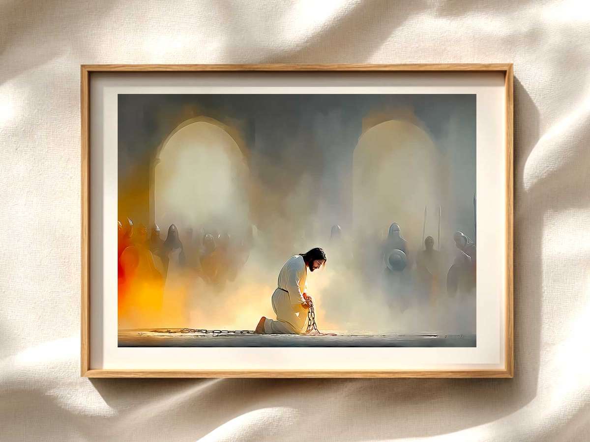 Jesus Trial: Minimal Line Portrait for Contemplation Christian wall art displayed as a peaceful framed print