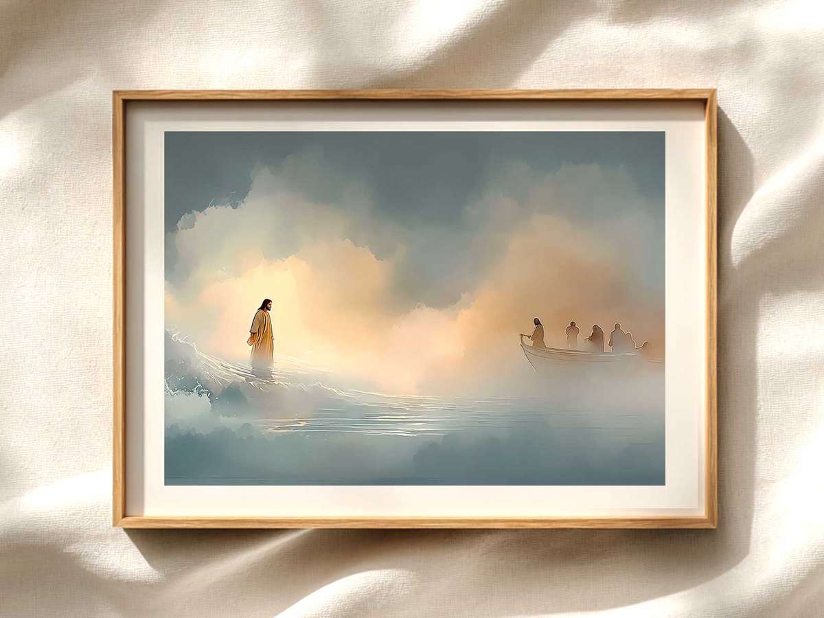 Jesus Walking on Water — Calm Sea Scene for Home Reflection Christian wall art displayed as a peaceful framed print