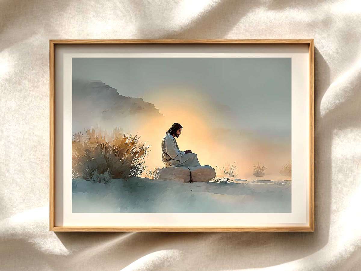 Jesus in the Desert: Minimal Silhouette for Prayer Christian wall art displayed as a peaceful framed print