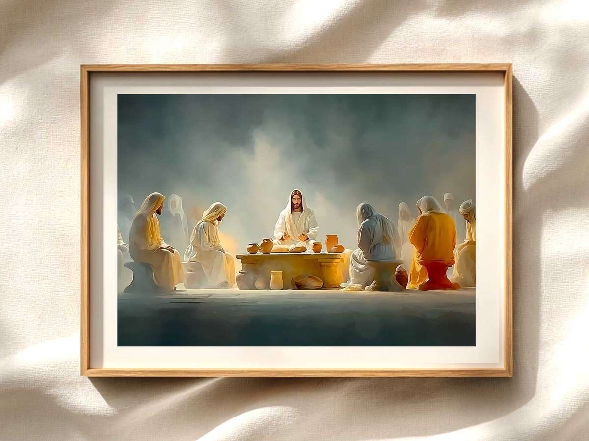 Intimate Last Supper: Jesus and the Table Christian wall art displayed as a peaceful framed print