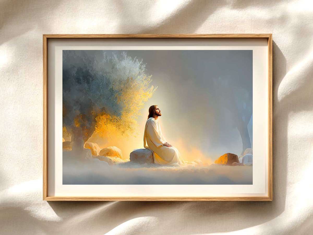 Gethsemane Sketch with Brief Bible Verse Christian wall art displayed as a peaceful framed print