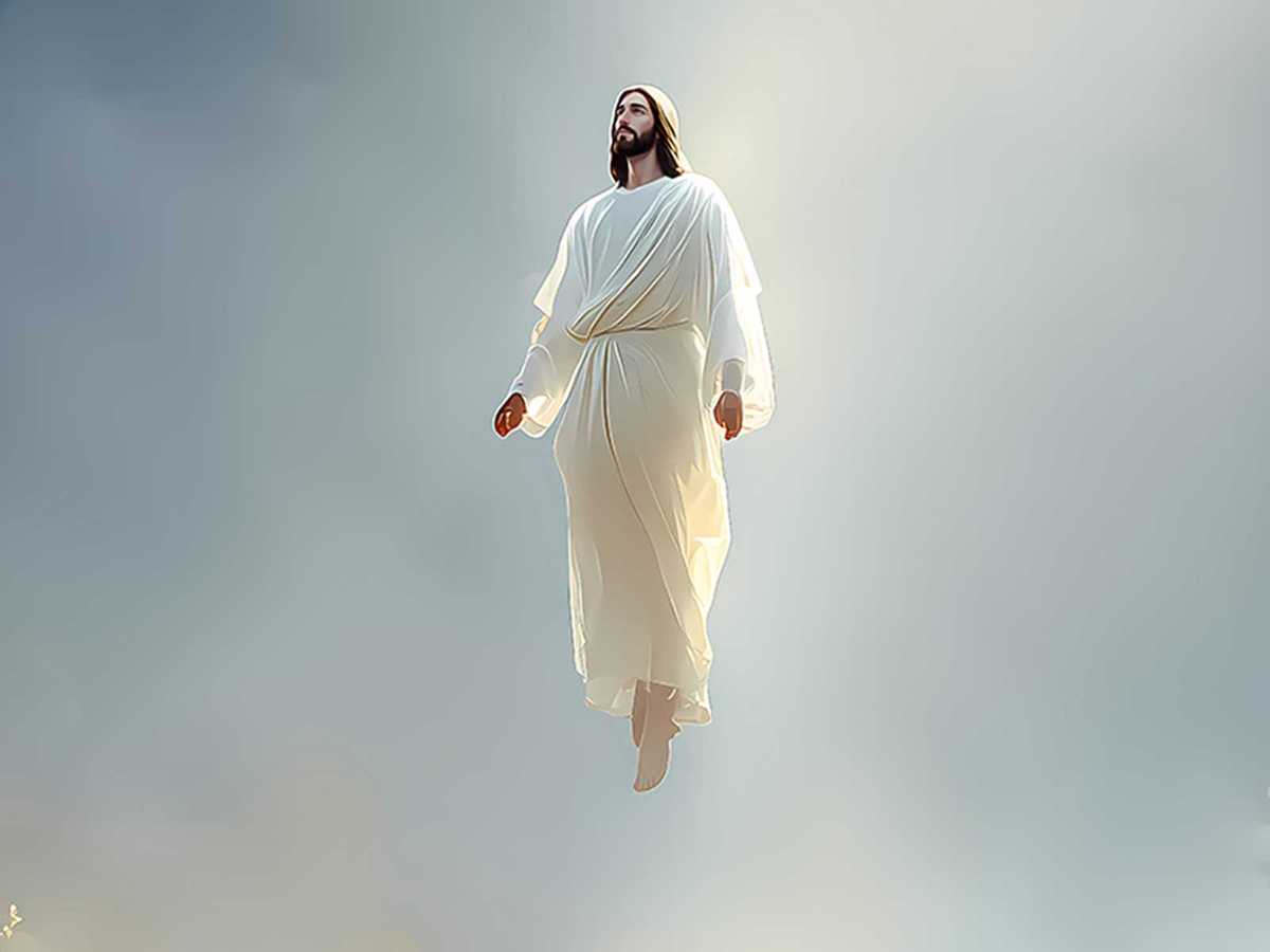 Christ rising above a stylized landscape, the horizon glowing to suggest victory and elevation