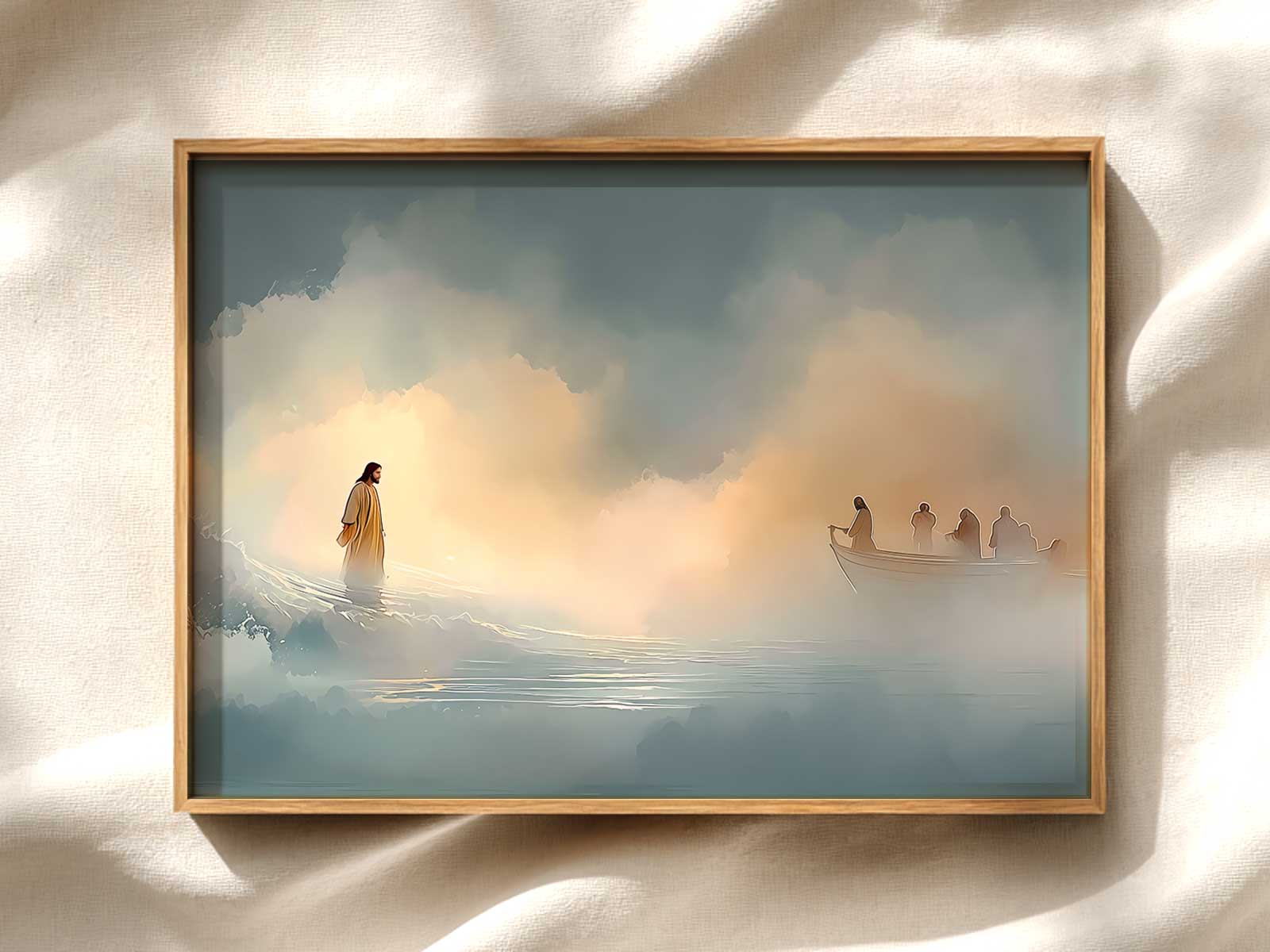 Close-up of Jesus’ compassionate face and outstretched hand as he stands on the water